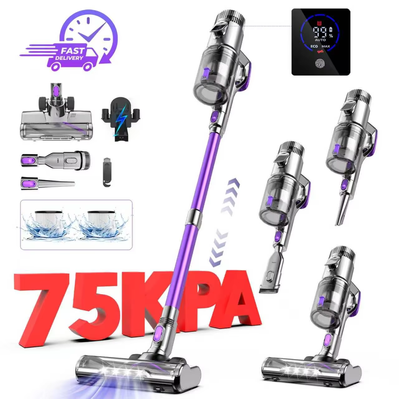 Cordless Vacuum Cleaner, 500W/60min Stick Vacuum, Anti-Tangle Brush Head, LED Display, HEPA*2, Wall Charging Powerful Handhe