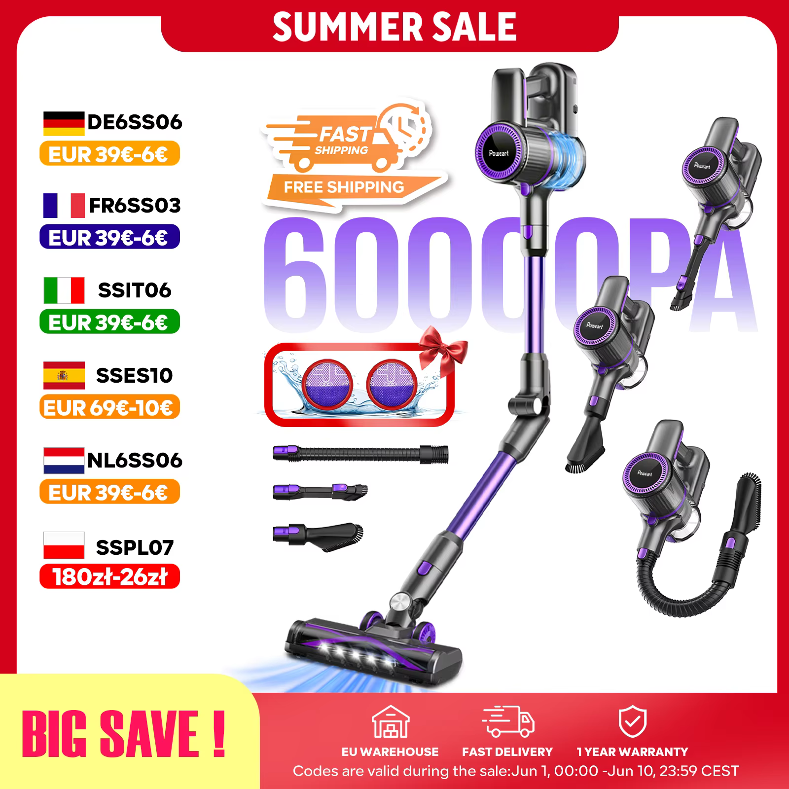 N700 cordless vacuum cleaner, 60KPa, 50Min, 1 L dust cup, for animal hair, Carpet, hard floors