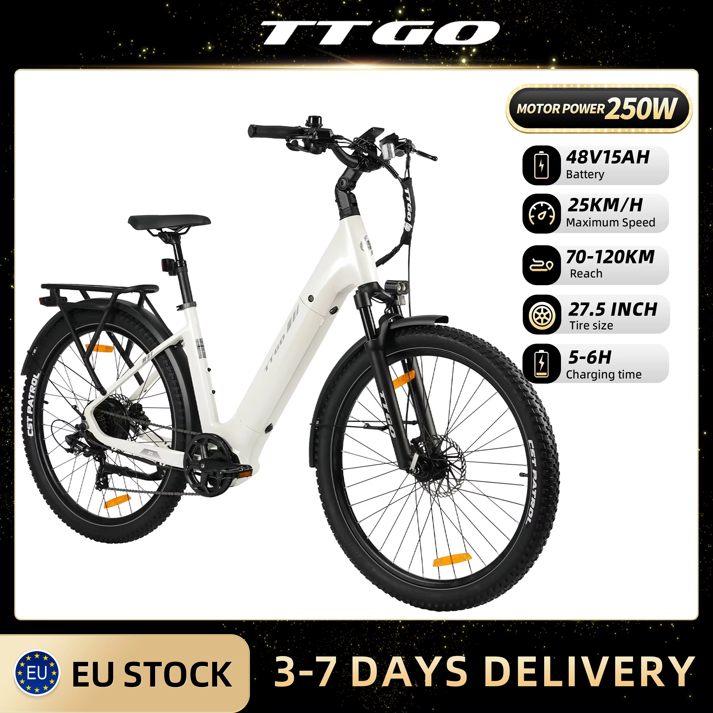 Ttgo City Ebike for Adults 250W Motor 48V 15Ah Battery 27.5 Inch Electric Bike with Lcd Display 7 Speeds for Men & Women