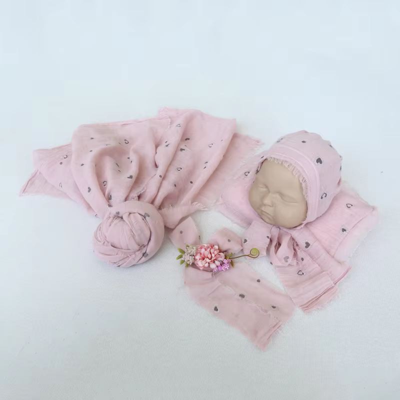 Baby Girl Cotton Swaddle Set - 4pc Newborn Photography Props Soft Fabric Bonnet Headband Pillow Blanket Photo Accessories