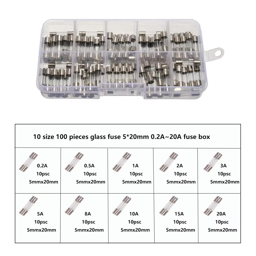100-teiliges sortiertes 5x20mm Glasrohr-Sicherungsset mit verschiedenen Ampere-Werten von 0,2A bis 20A, Schnellsicherungen