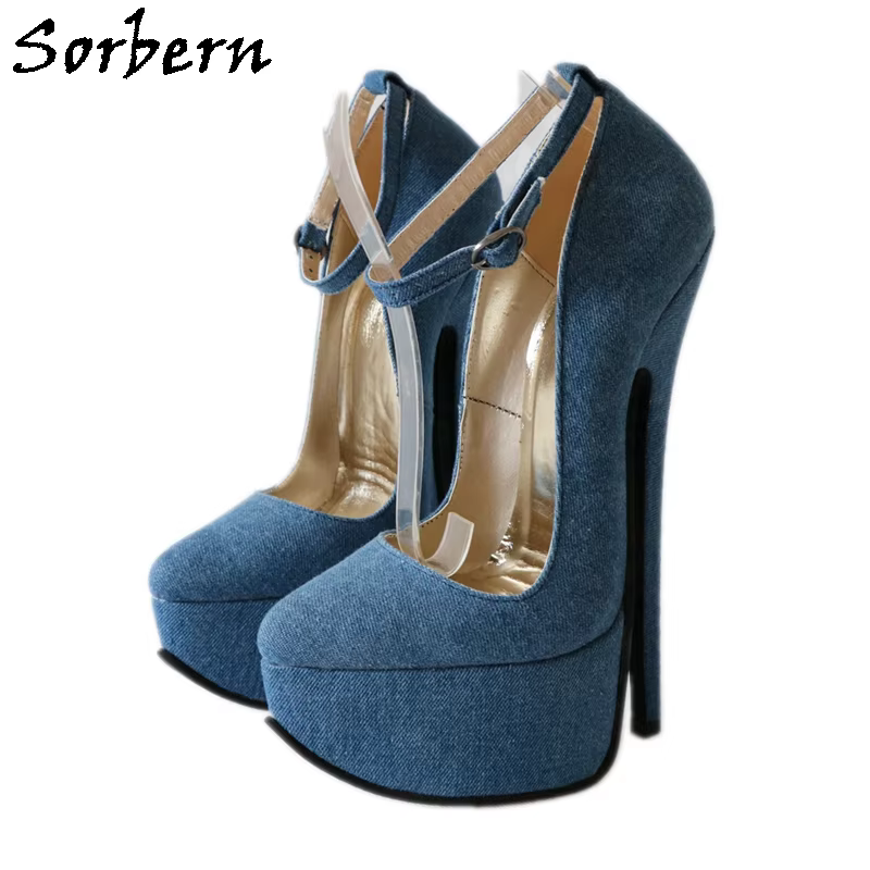 Sorbern Blue Demin Women Pump Shoes Jeans Ankle Strap 20Cm High Heel Stilettos Platform Pointed Toes Sexy Shoe Custom Colors