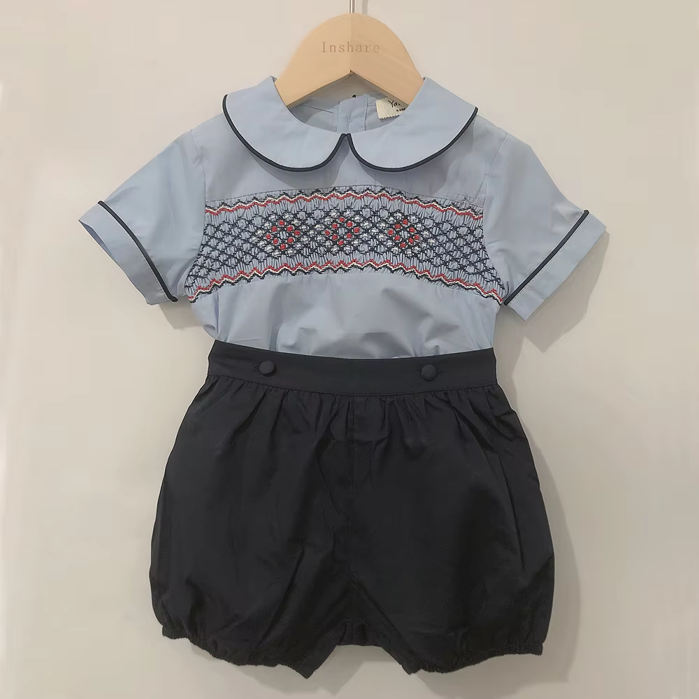 Children Boutique Clothing Boy Handmade Smocked Embroidered Set Cotton Short Sleeves BABI Birthday Prince Suit Fashion Outfit