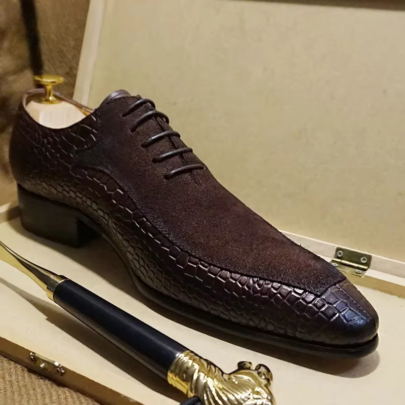 Luxury Men Oxford Shoes Lace up Black Brown Men Dress Shoes Suede Office Wedding Crocodile prints Casual Leather Shoes For Men