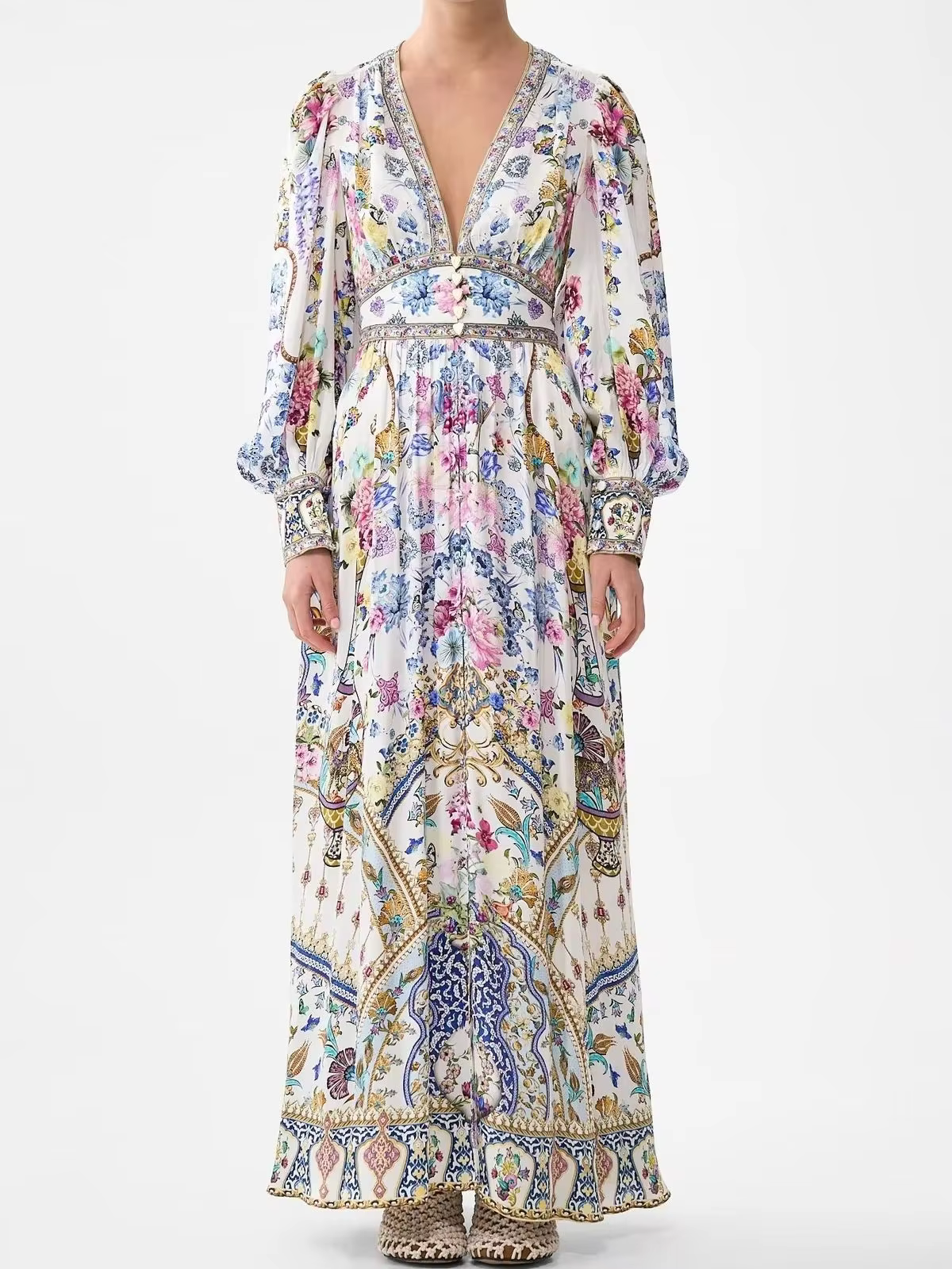 Crystal Beaded Women 100% Silk Dresses 2026 New Floral Printed V-Neck Lantern Sleeve Elastic Waist Fashion Ladies Maxi Dress