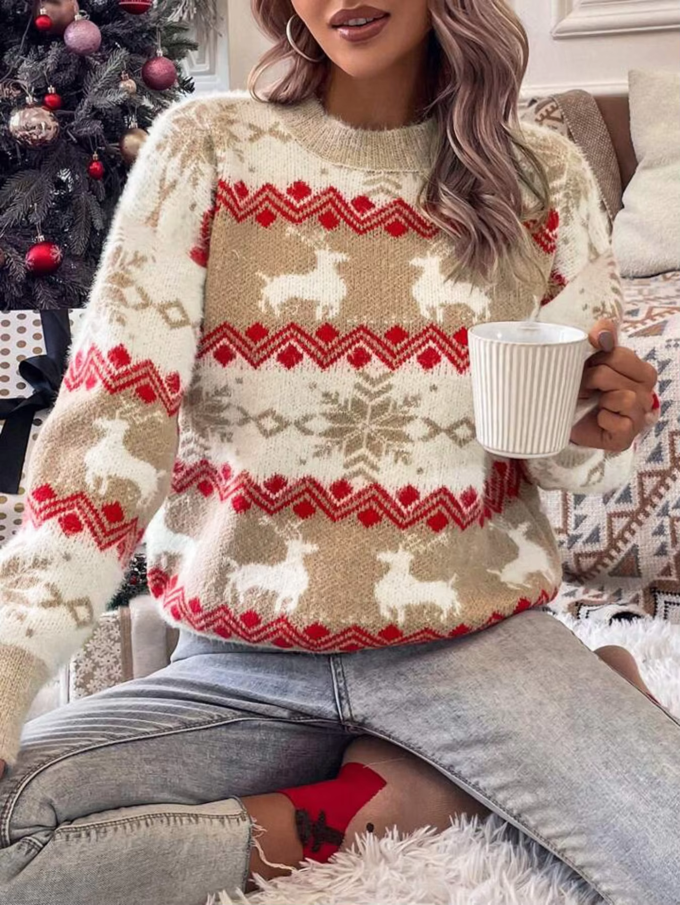 Women's Christmas Reindeer Print Knit Sweater Crew Neck Casual Long Sleeve Holiday Pullover Fashion Comfortable Christmas Theme