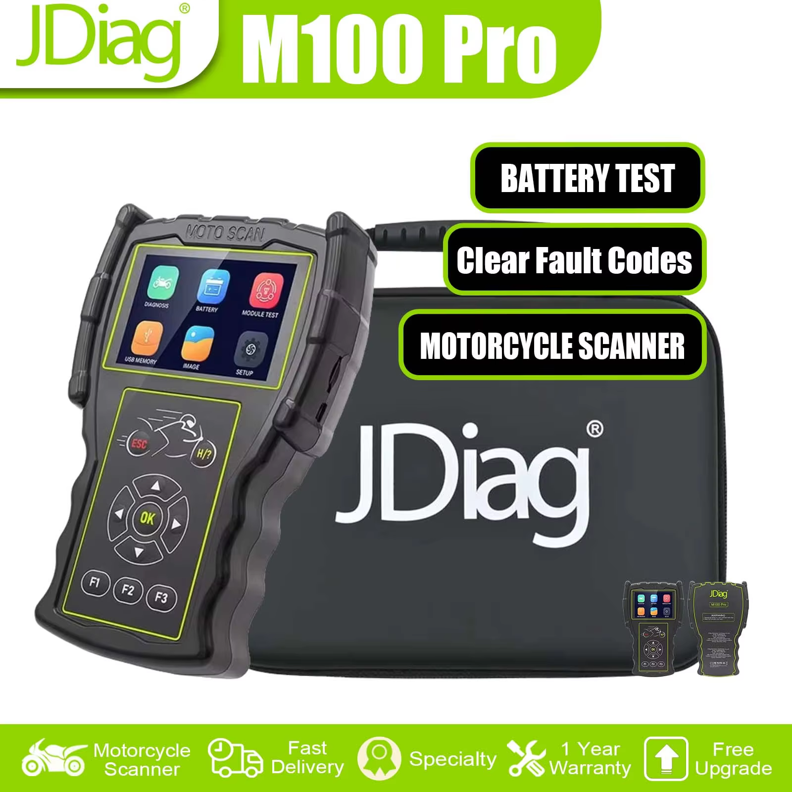 JDiag M100 pro OBD2 Motorcycle Scanner Clear Fault Codes Reader Battery Tester Diagnostic Tool for Honda Kawasaki KTM Yamaha BMW