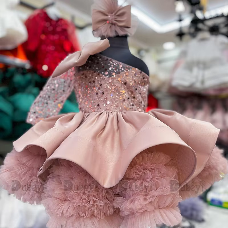 Shiny New Born Baby Birthday Dress for Kids One Shoulder Elegant Sequined Party Gown for Children Flower Girls Wedding Vestidos