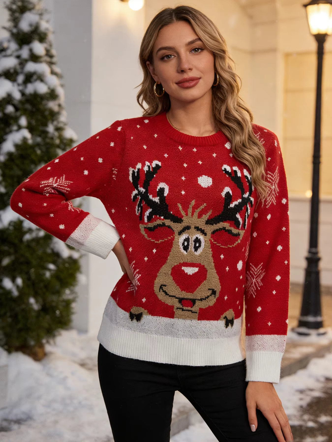 Women's Red Christmas Knit Sweater Reindeer Snowflake Pattern Casual Crew Neck Pullover Holiday Fashion Top