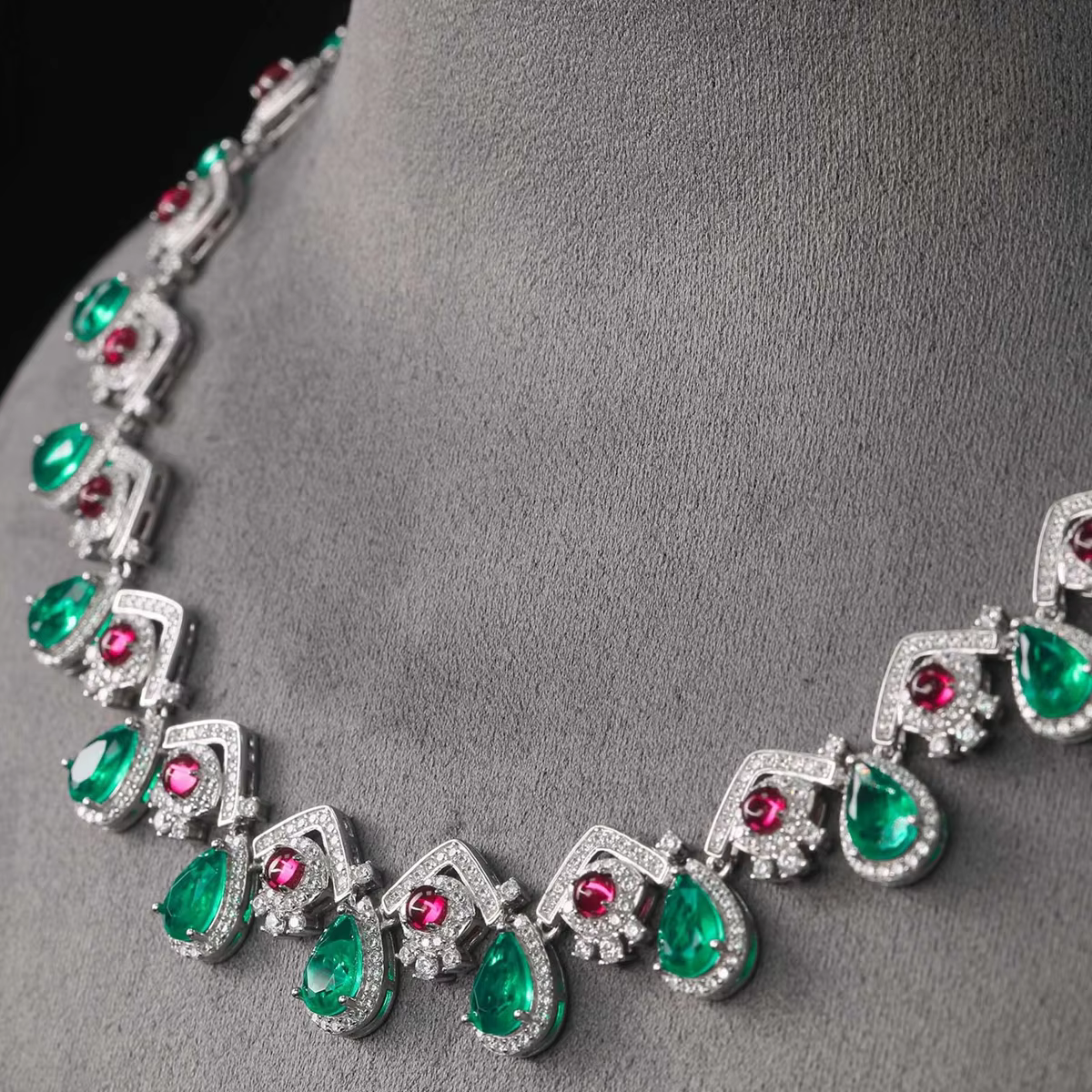 KQDANCE New 925 Silver Synthetic Red Ruby Pear Cut Green Emerald Gemstone Chain Necklaces Women Party Luxury Fine Jewelry