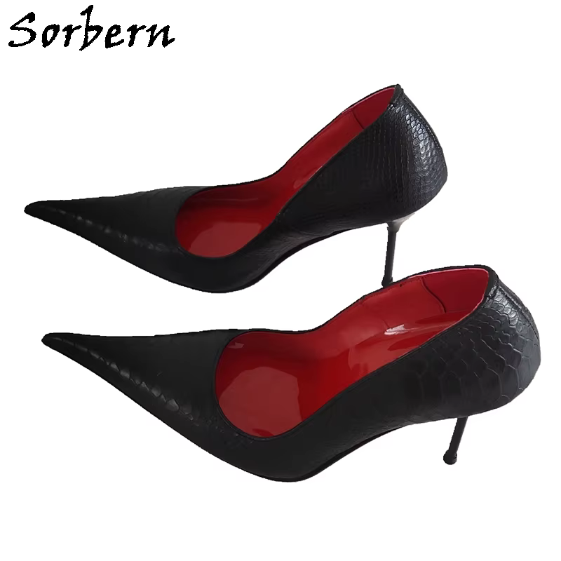 Sorbern Black Snake Women Shoes Pump Metal High Heel 12Cm Stilettos Long Pointed Toe Slip On Shoe Sissy Girls Heeled