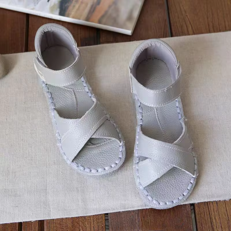 1414  summer new minimalist artistic cowhide sandals, women's forest retro handmade cross strap flat bottom soft open toe s