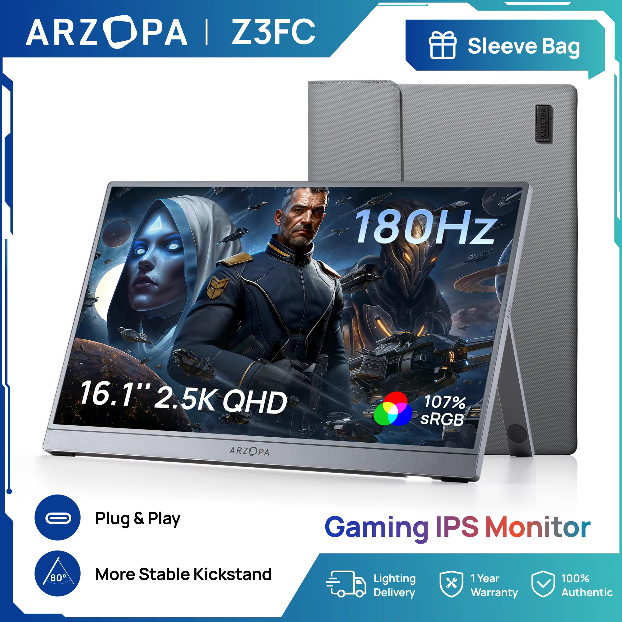 [NEW]ARZOPA 16.1 inch 2.5K 180Hz Portable Monitor 2560*1440,with Type-C,with storage bag,Z3FC