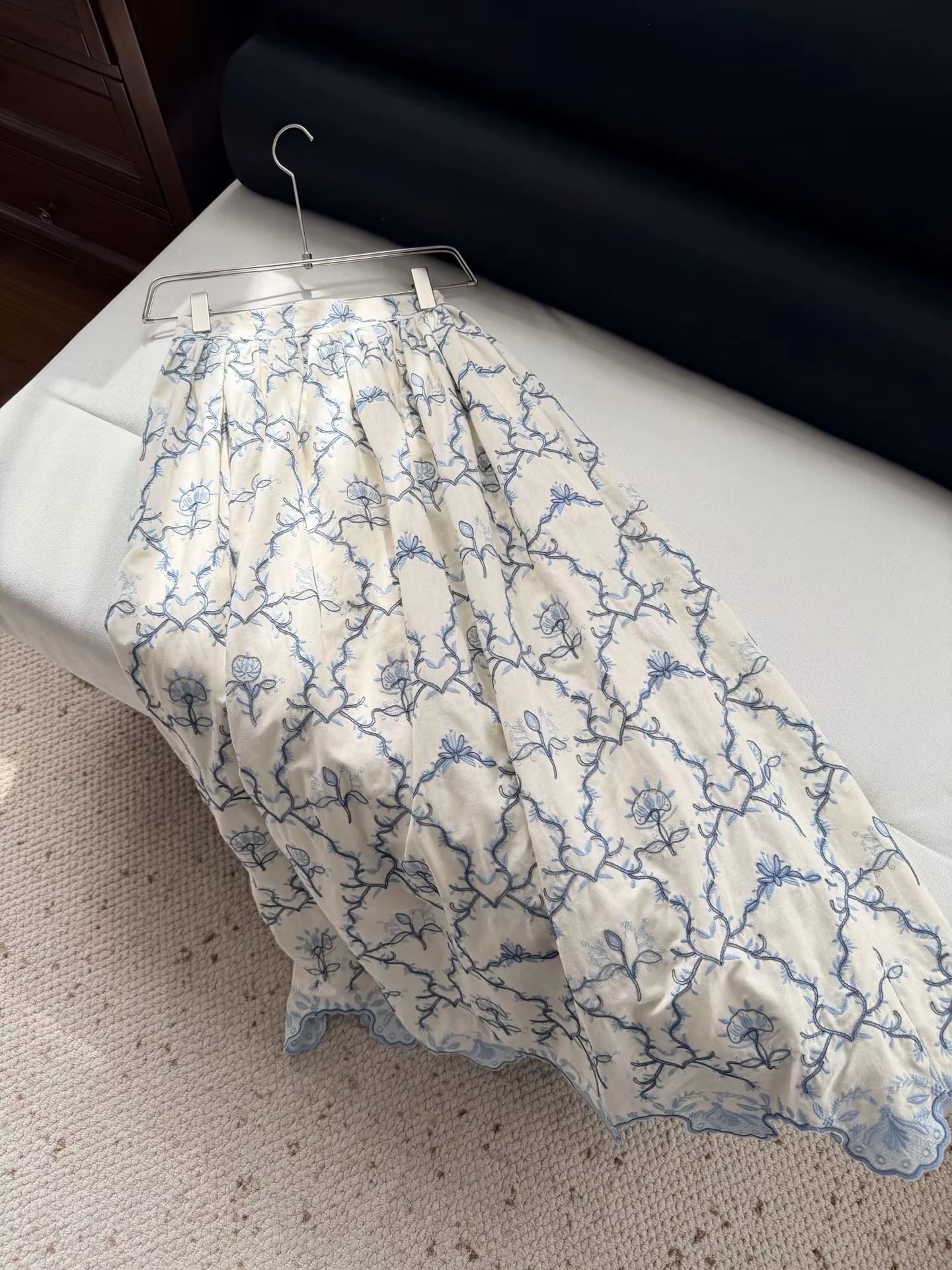 Blue Embroidery Women Linen Long Skirt A-Line High Waist Loose Female Jupe