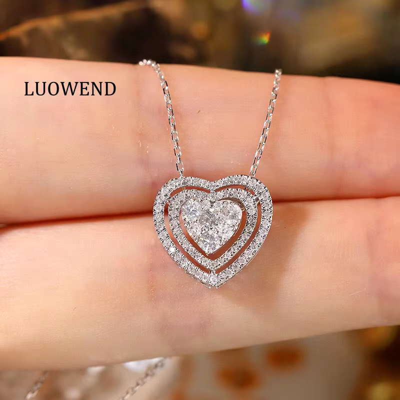 LUOWEND 100% 18K White Gold Necklace Women 0.50carat Real Natural Diamond Necklace Romantic Heart Shaped High Engagement Jewelry