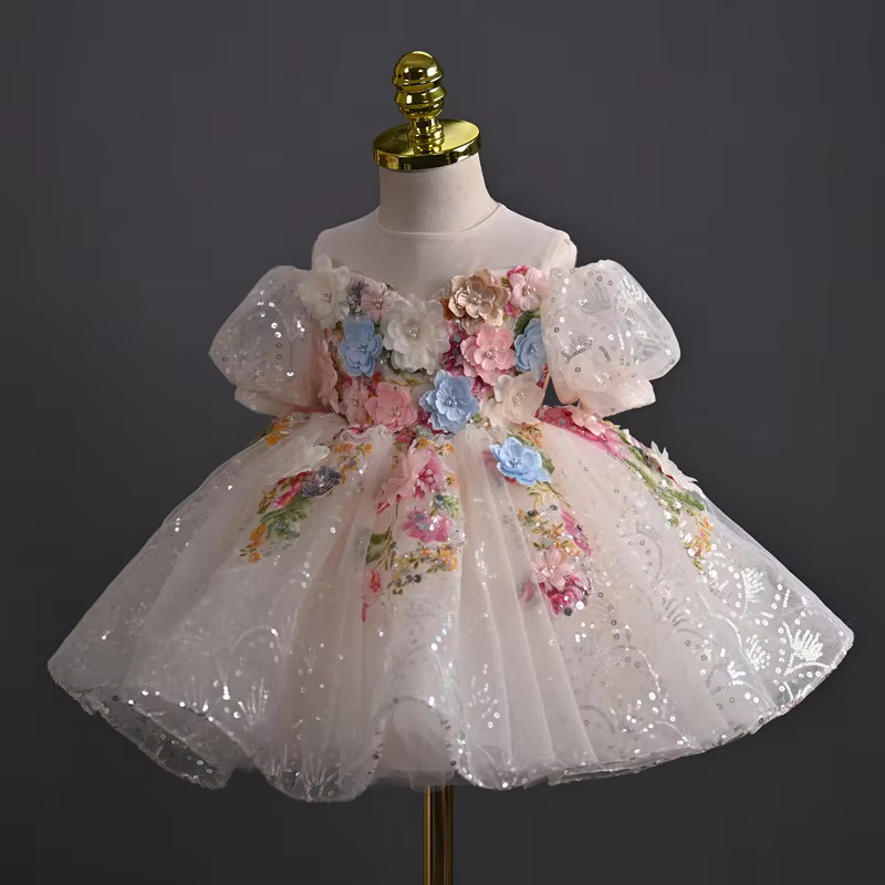2026 Girls Evening Party Dress Children Floral First Birthday Princess Gown Host Celebration Formal Attire Pageant Dinner Outfit