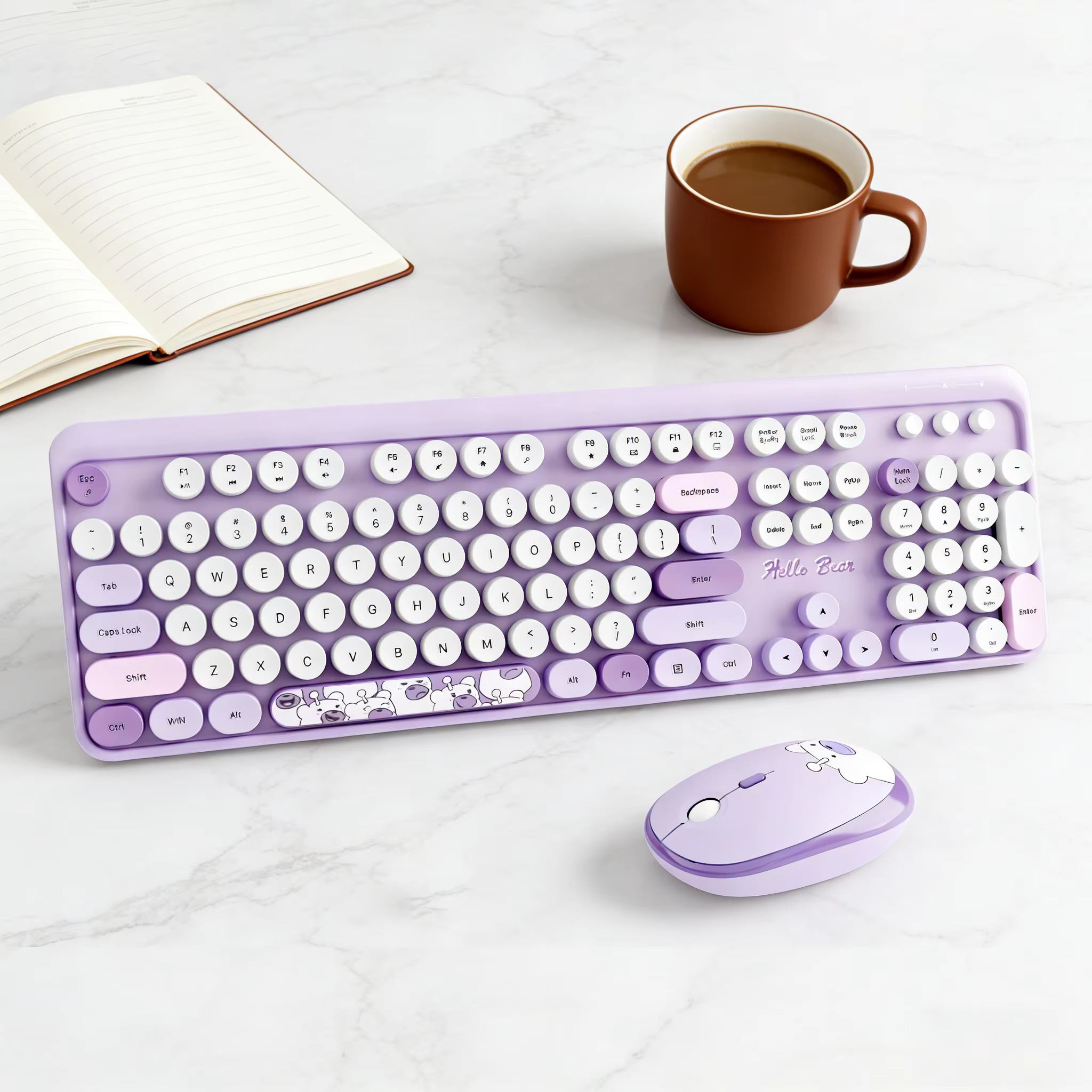 GEEZER Hello Bear Wireless Keyboard and Mouse Combo, Retro Round Keycaps Cute Set for Women Office Home Laptop Desktop