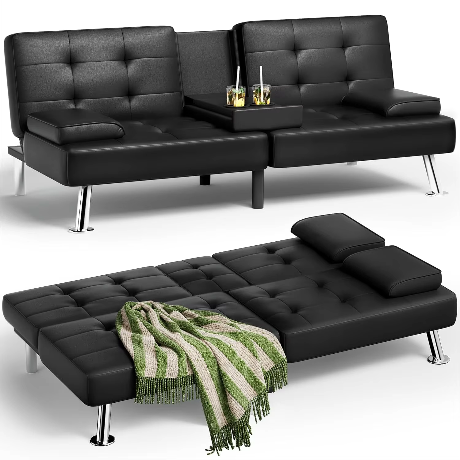 Futon Sofa Bed, Leather Futon Couch with Removable Armrests, Adjustable Recliner Sleeper Sofa Bed with Dual Cup, Customized