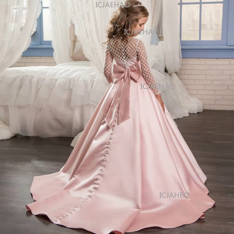 2026 Kids Girls Lace Satin Bow Knot Small Train Flower Girl Wedding Piano Performance Dress Princess Dress Fashion Style Costume