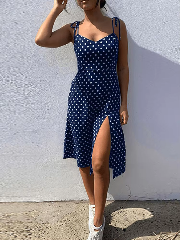 Dresses Sundress Summer Women Causal Polka Dot Sleeveless High Pleated elastic waist V-Neck Beach Dress Vestidos De Verano