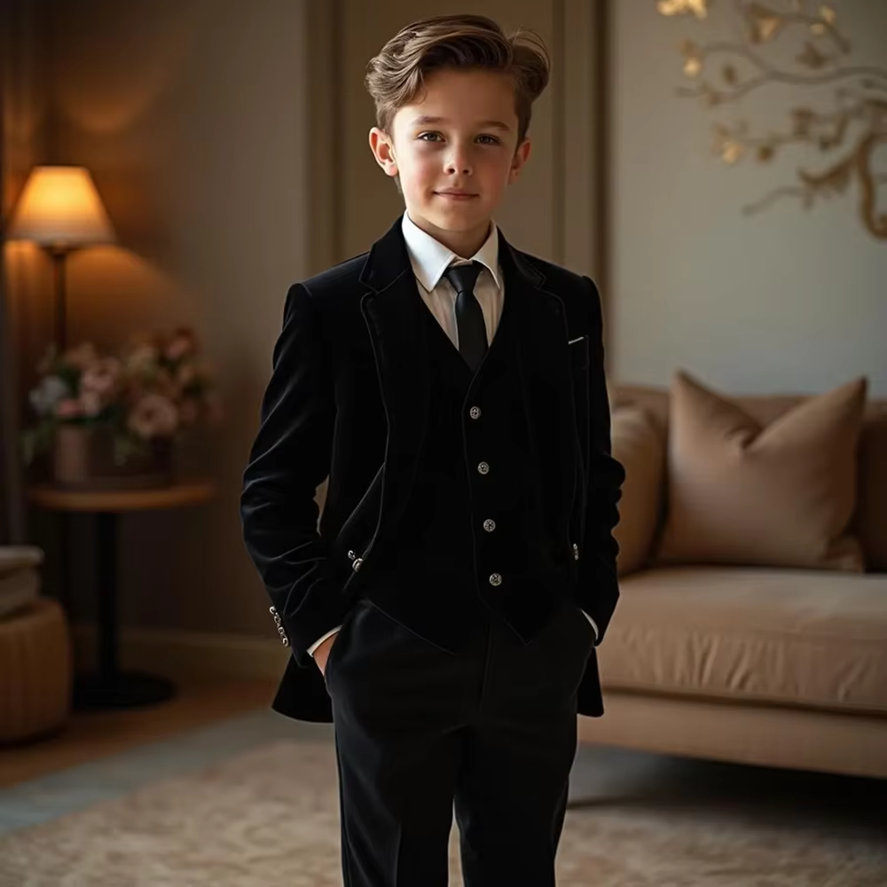 Chic Velvet Boy Suits 3 Piece Fashion Notch Lapel Children Clothing Fashion Party Wedding Kids Clothes (Jacket+Pants+Vest)