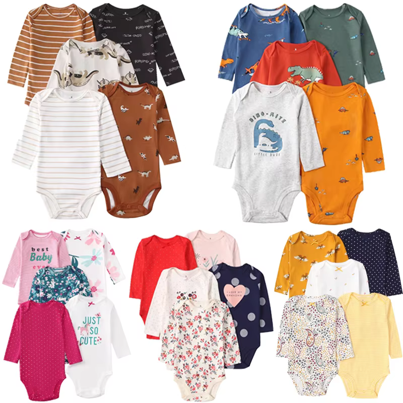 5PCS Spring Newborn Baby Cute Print Clothes Baby Boys Girls Cotton Stripe Bodysuits Long Sleeve Cartoon Bebe Jumpsuit Clothing