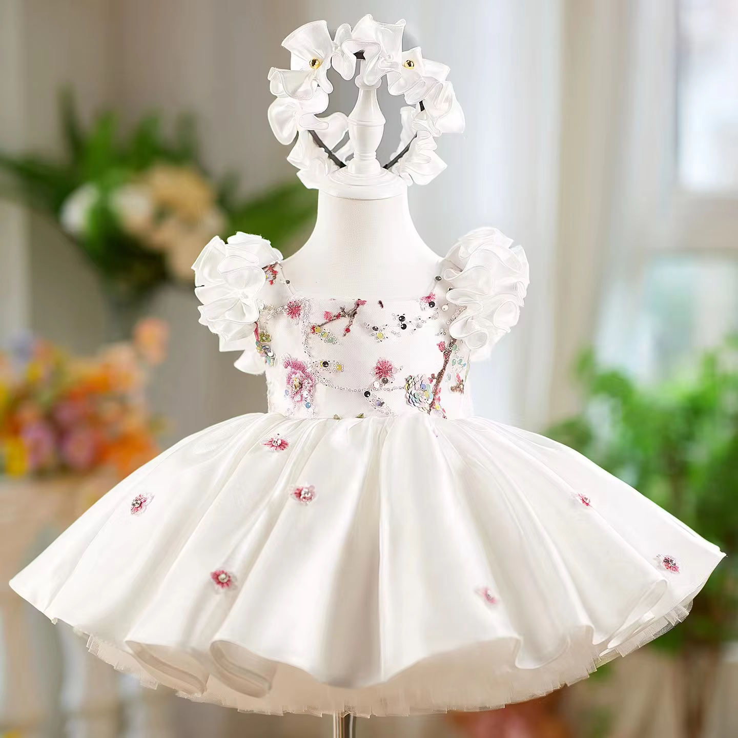 Children's Dress Girl's Clothes Children's Dress Heavy Industry Flying Sleeve Princess Dress White Satin Puff Evening Dress