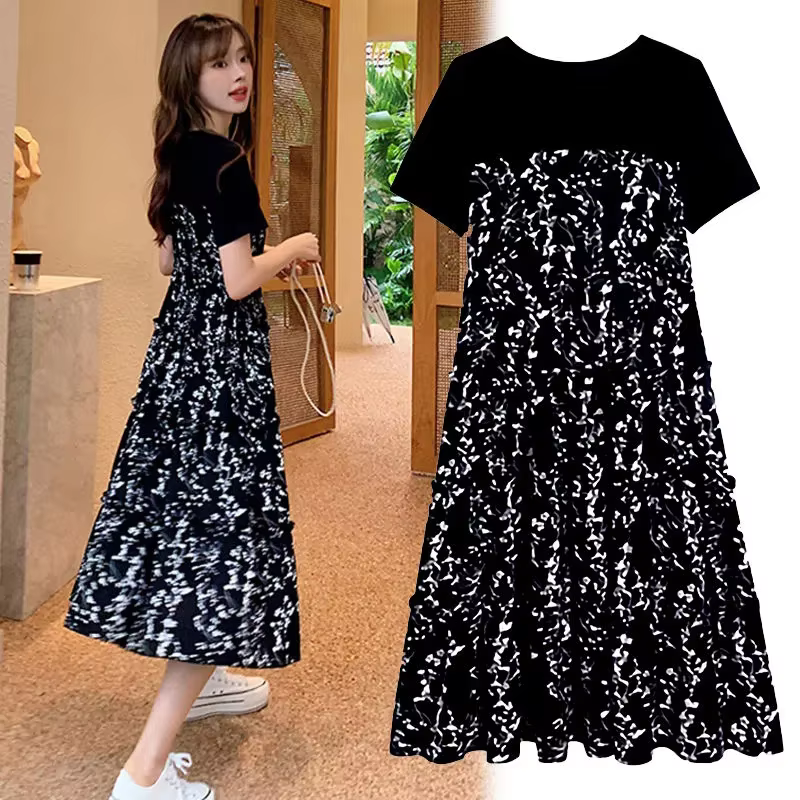 Damen-T-Shirt, gefälscht, zweiteilig, koreanischer Stil, Sommerkleid, mittellang, mit Blumenmuster, Boho, lässig, täglich, Chiffon, florales schwarzes Kleid