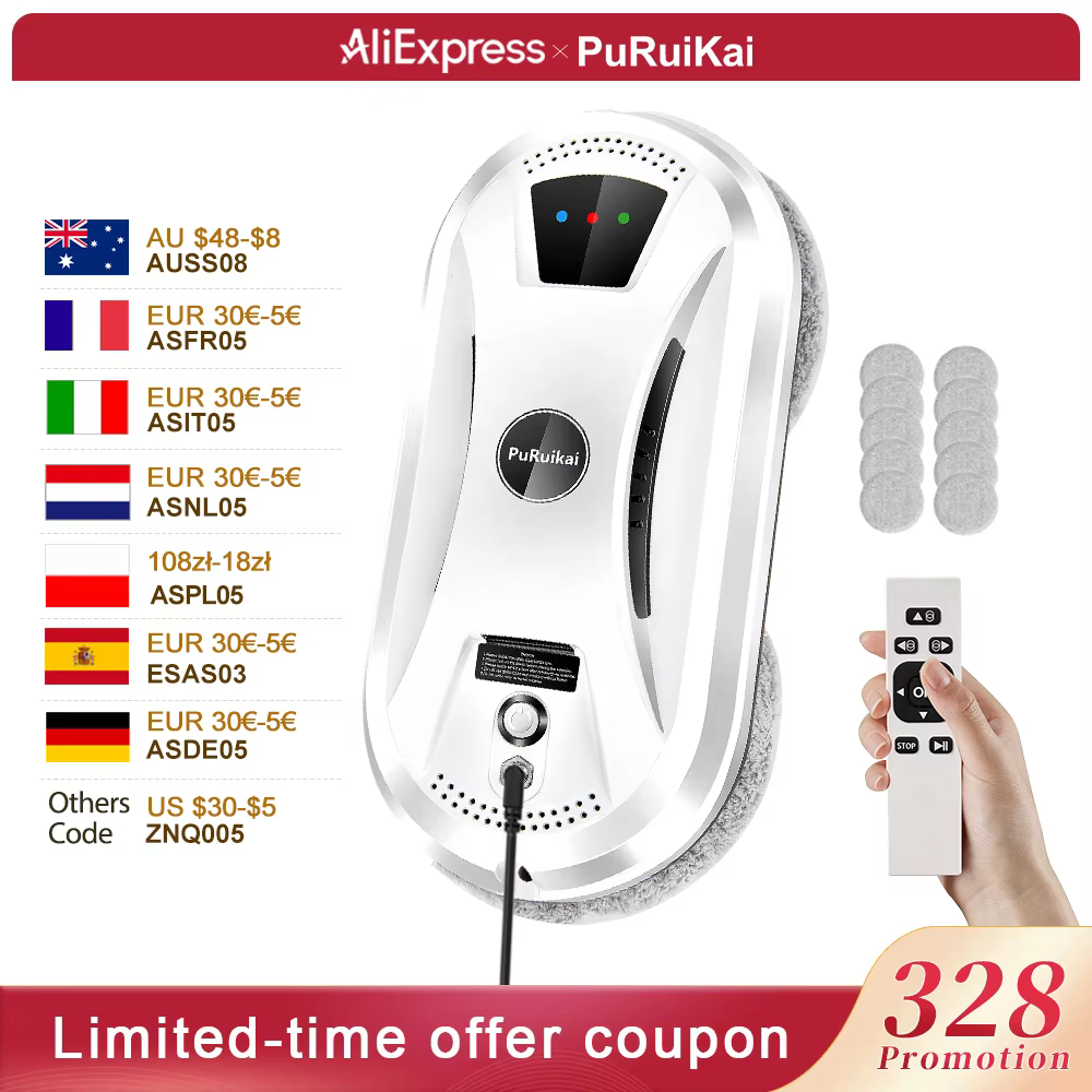 PuRuiKai AI Window Cleaning Robot Smart Automatic Cleaner Streak-Free for Windows/Tiles/Glass Doors Self-Cleaning Ultra Quiet