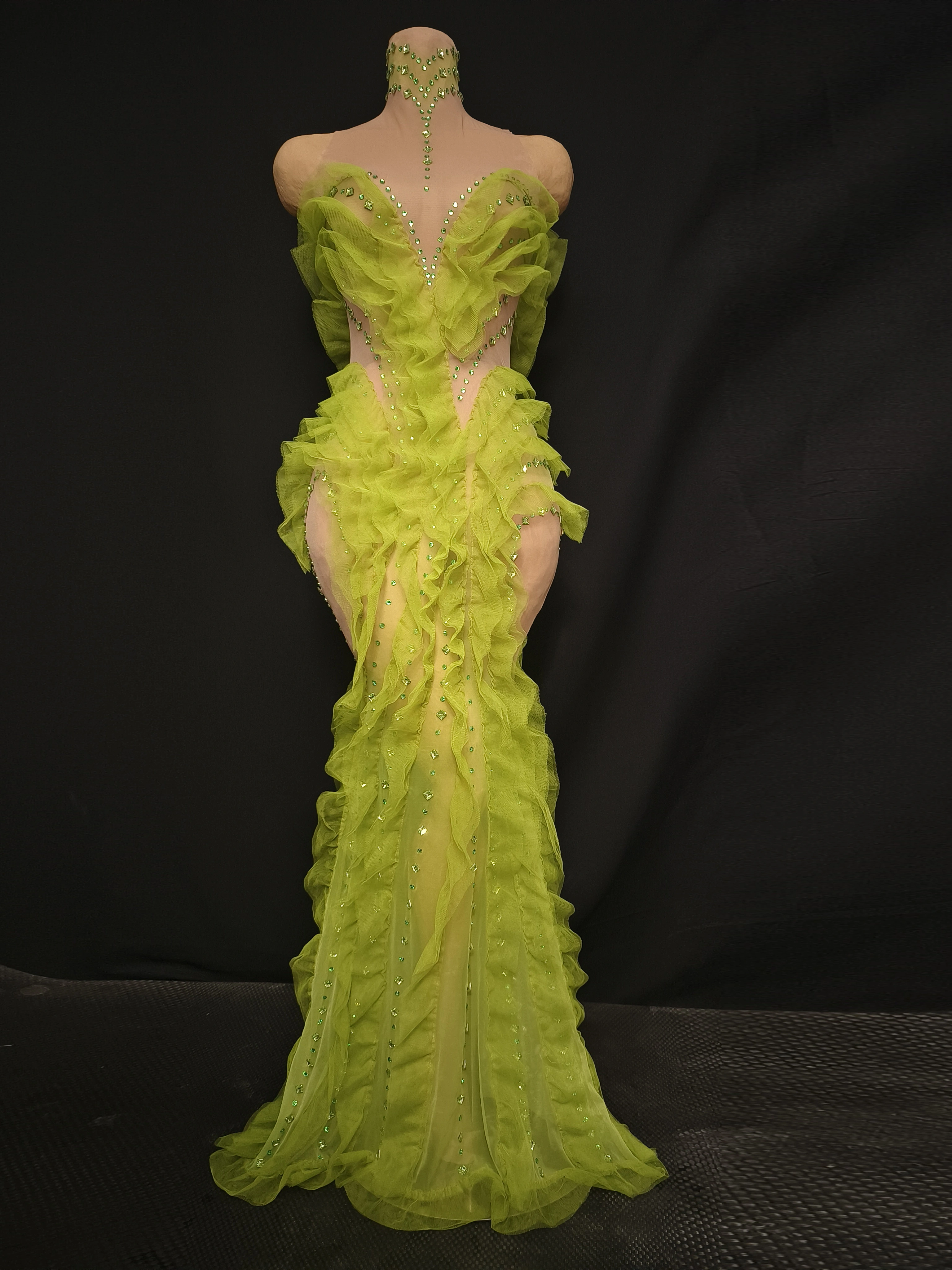 Elegant Sparkly Green Rhinestones Mesh Sheer Ruffle Maxi Dress Celebrate Eveing Birthday Party Nightclub Red Carpet Stage Wear