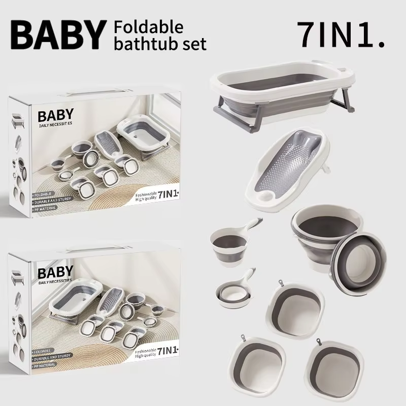 4/7Piece Collapsible Baby Bathtub Set with Thermometer Bathtub Baby tub Sling to Toddler 0-24 Months