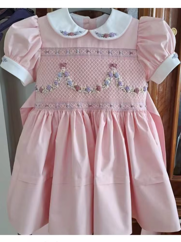 0-12Y Baby Girl Summer Pink Flower Smocked Turkish Vintage Princess Dress for Birthday Holiday Easter Photography Eid A151