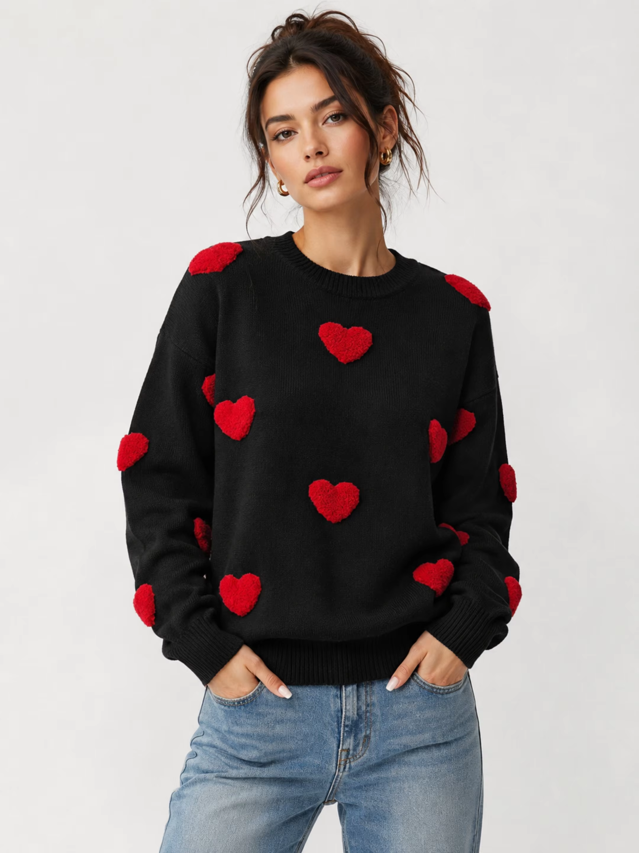 2026 New Heart Embroidery Knit Sweater for Women Black Crew Neck Long Sleeve Loose Casual Fall Streetwear