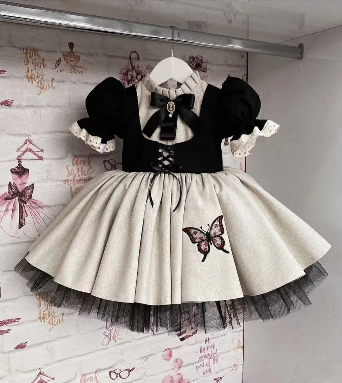 Baby Girl Summer Black Butterfly Embroidery Turkish Vintage Princess Dress for Birthday Holiday Easter Photography Eid B216