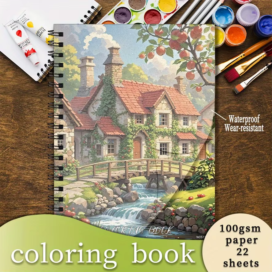 Rustic Cottage by Stream Coloring Book - 8.3×11.2 Inches, 22 Pages. Perfect for Idyllic Relaxation, Stress - Relieving