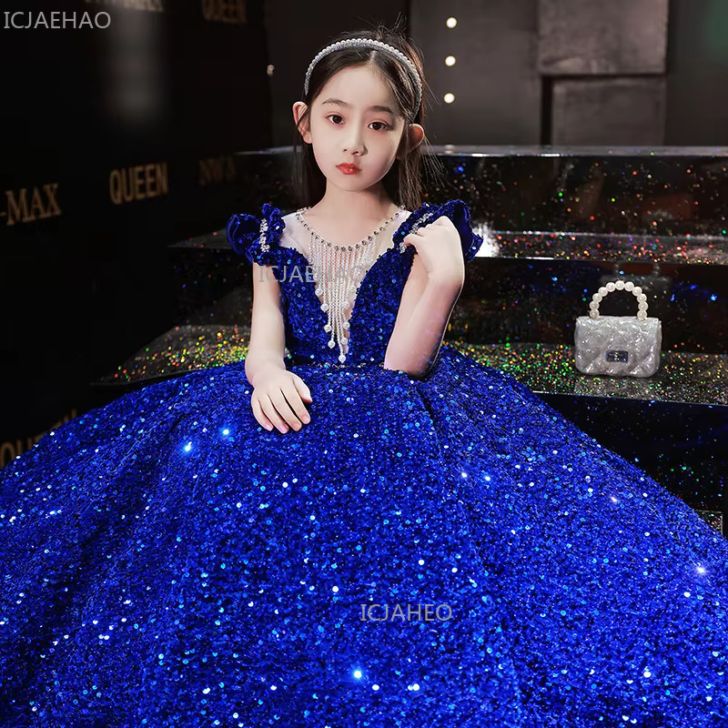 Host Gown Princess Dress Stylish Girls Runway Piano Party Celebration Eid Kids Clothing Performance Sequin Puffy Skirt Formal