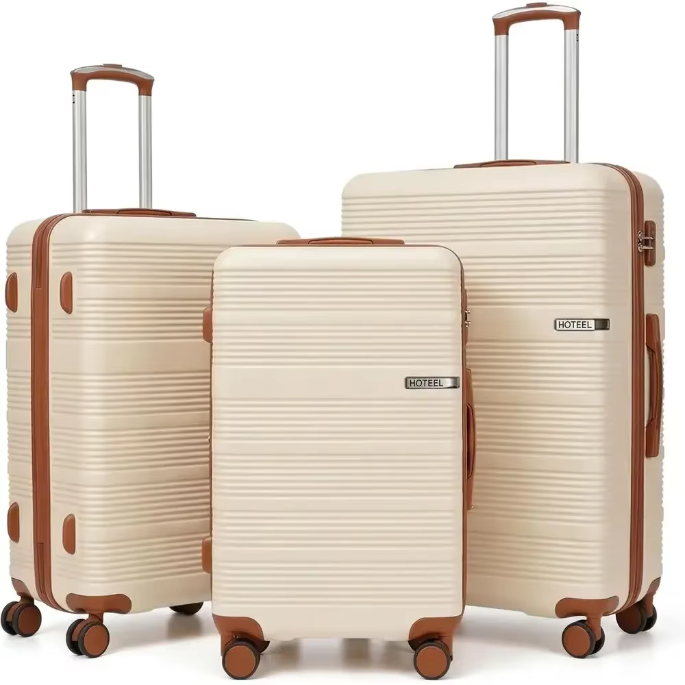3-Piece Durable ABS+PC Lightweight Hard Shell Luggage Set with TSA Lock, 20, 24, 28 Beige
