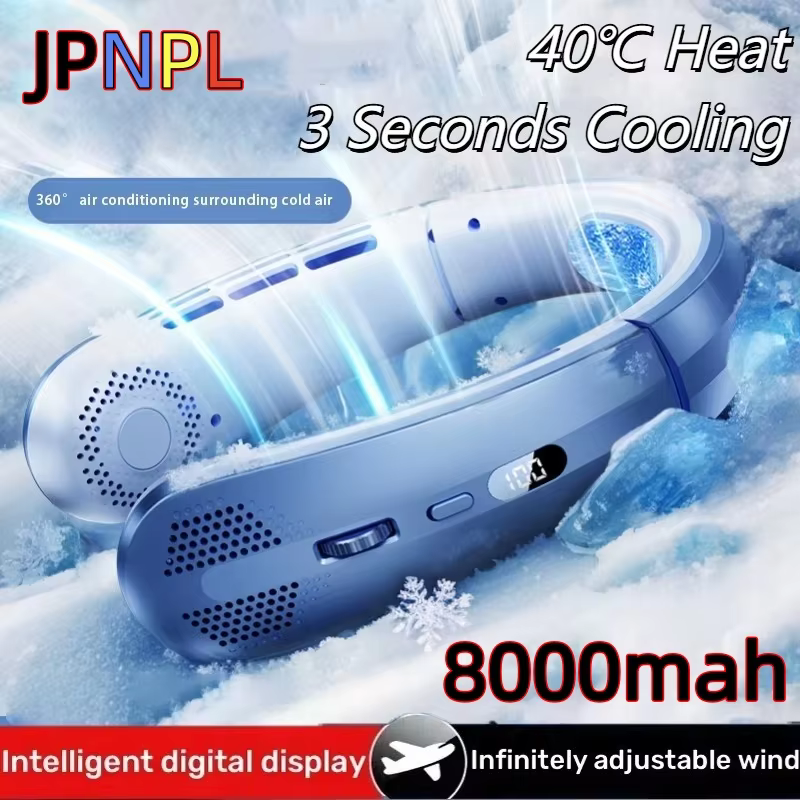 8000mAh Electric Hanging Neck Fan Portable Bladeless Mini Rechargeable Mute LED Digital Display Air Cooler For Outdoor