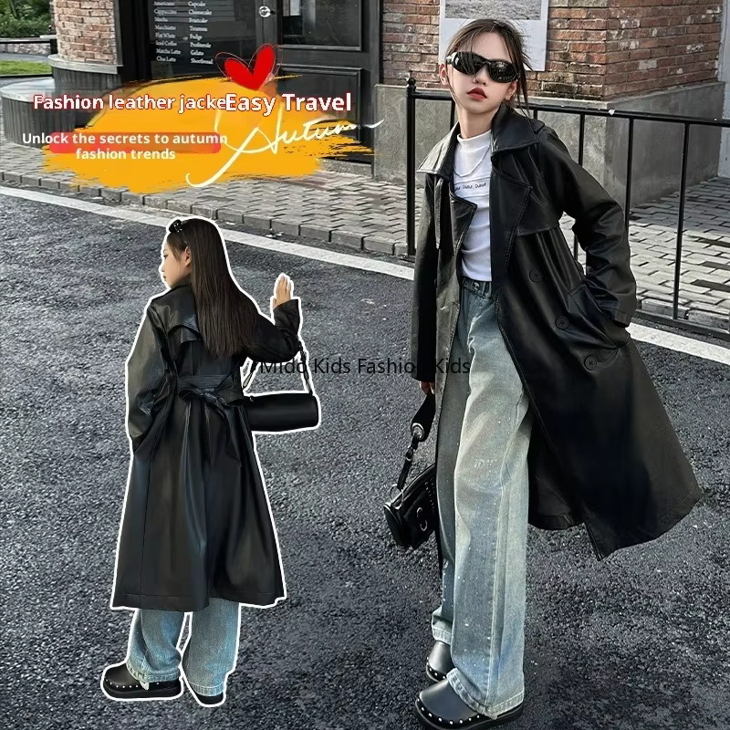 Kids Long Trench Coat Vintage Belted Waist Oversized Lapel Windbreaker Spring Autumn Fashion120-170cm