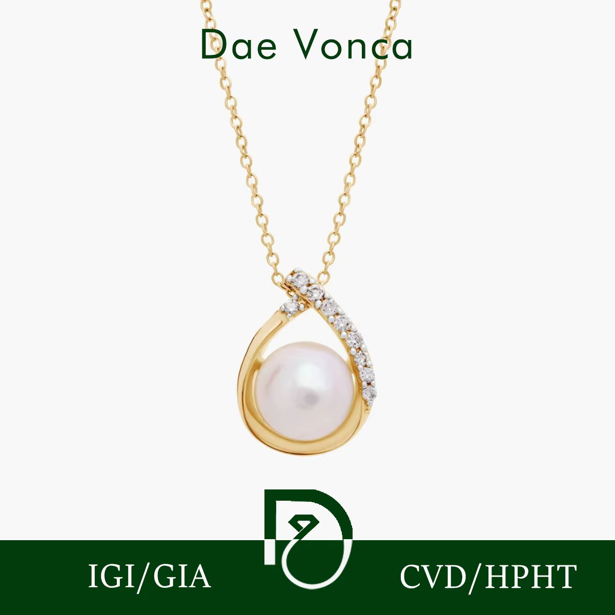 14K Yellow Gold Pearl Necklace Vintage Style Teardrop Pendant Lab Grown Pearl and Diamond Necklace Charm Pearl Jewelry For Women