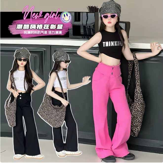 2025 new wholesale girls denim flare pants  fashion summer highwaist  girls jean pants 5-13t  G243