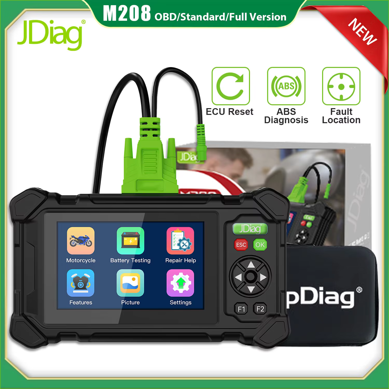 JDiag M208 Scanner Motorcycle Diagnostic Tool TYPE-C/WIFI Port Support EURO5 System Battery Test&ABS System Test&ECU Reset