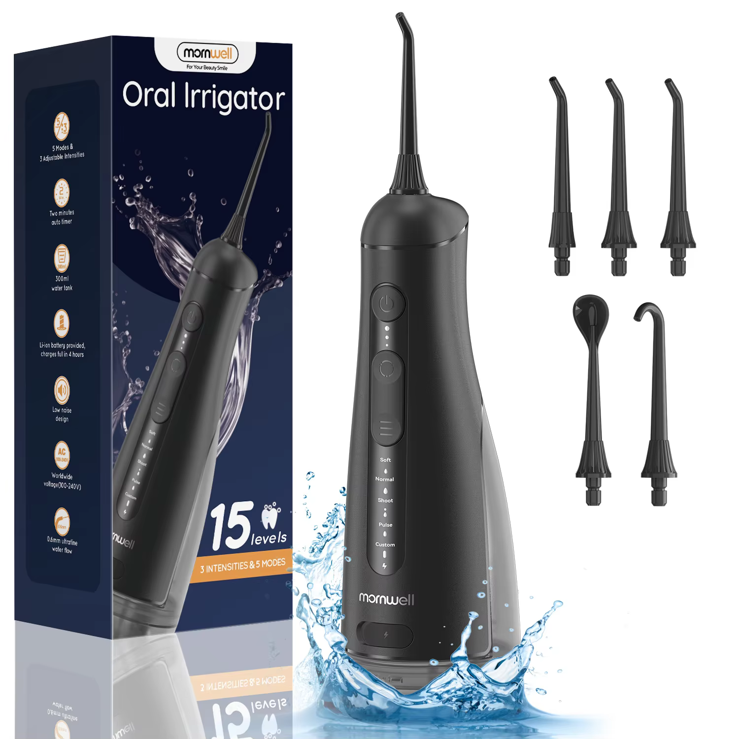 Portable Oral Irrigator with 5 Jet Tips , 5 Cleaning Modes of 3 water pressure , 300ml Water Tank IPX7 Waterproof Water Flosser