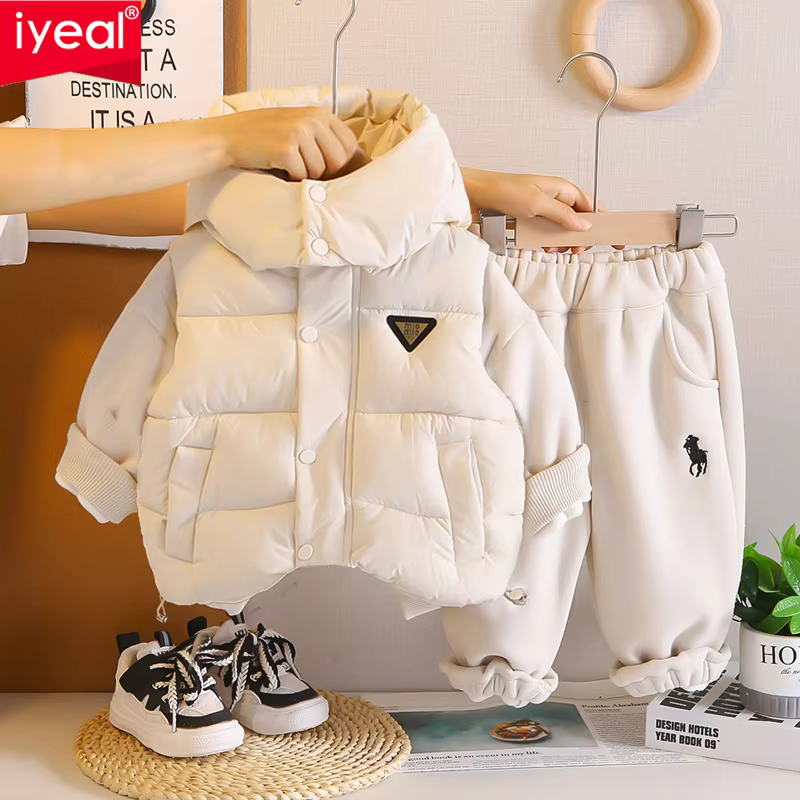 IYEAL Boys Girls Winter Warm Fleece Thick Hooded Vest+Sportswear +Long Pants 3 Pcs Baby 2025 New Stylish Warm Winter Clothing
