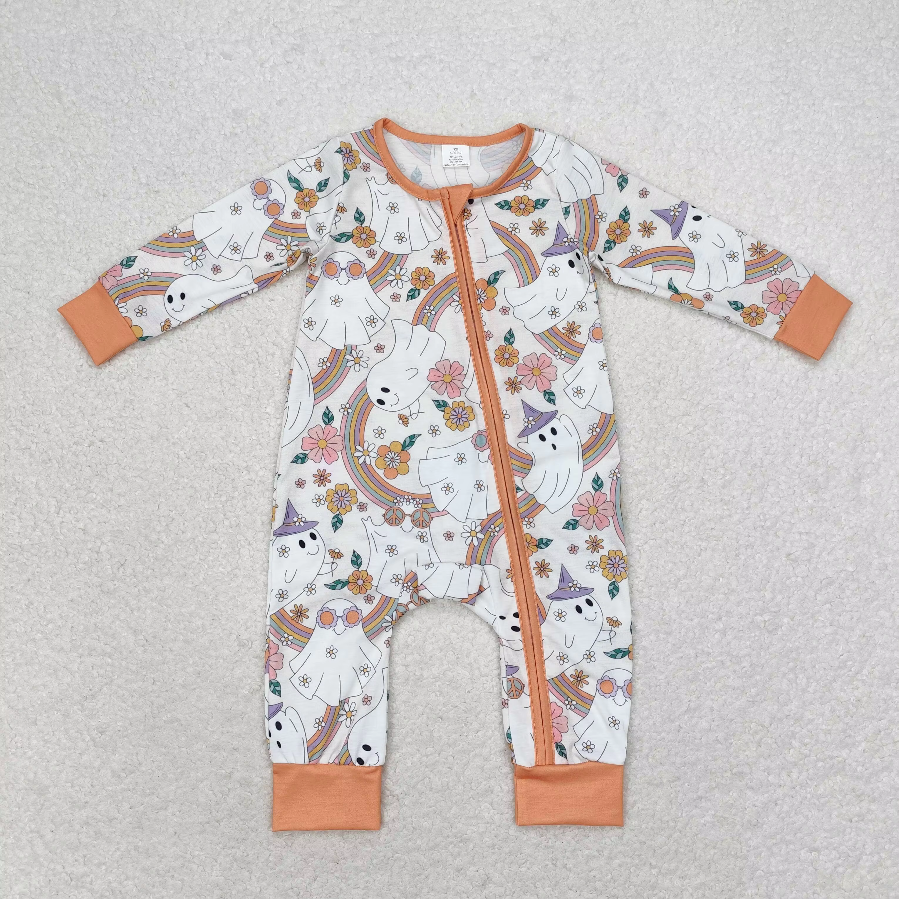 LR0980 Wholesale baby boy clothes bamboo Rainbow Floral Orange Zipper Long Sleeve Bodysuit Summer Boutique Kids Jumpsuit