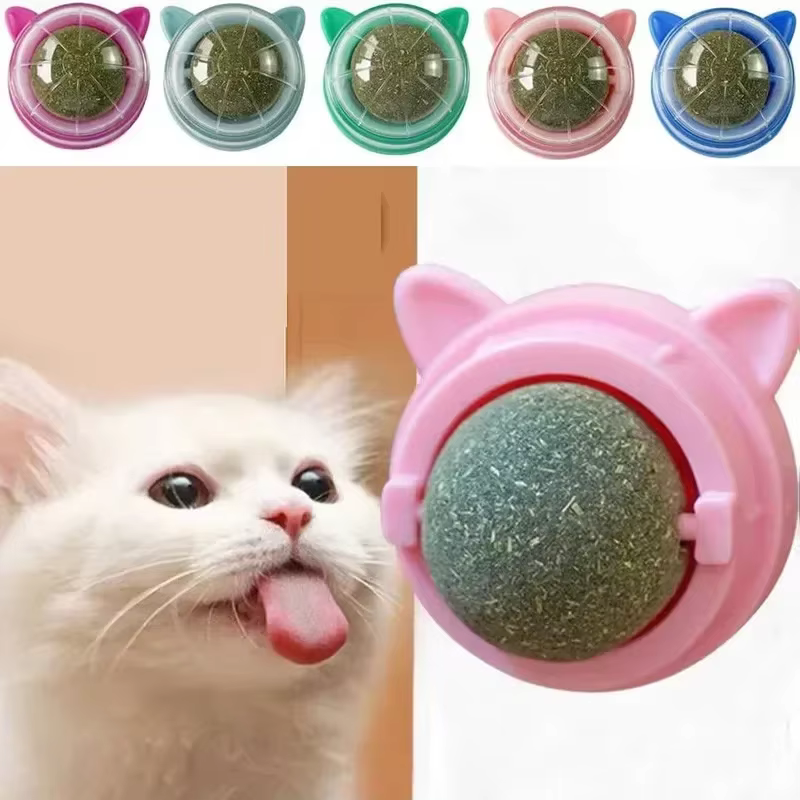 Snacks d'herbe pour chat, boules d'herbe à chat, jouets muraux à coller, boule de menthe pour chat, naturel sain, élimine les boules de poils pour favoriser la Digestion