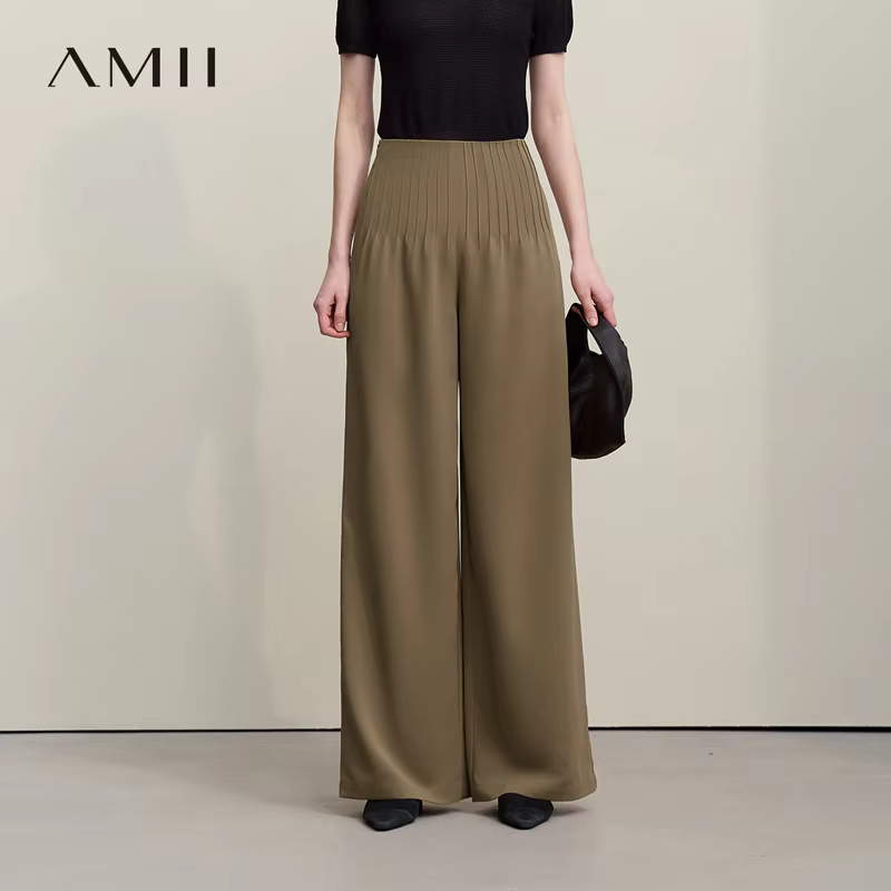 Pantalones de mujer Amii 2026, novedad de verano, pantalones casuales de color liso con pliegues, pantalones largos de chifón de pierna ancha para oficina para mujer 12642032