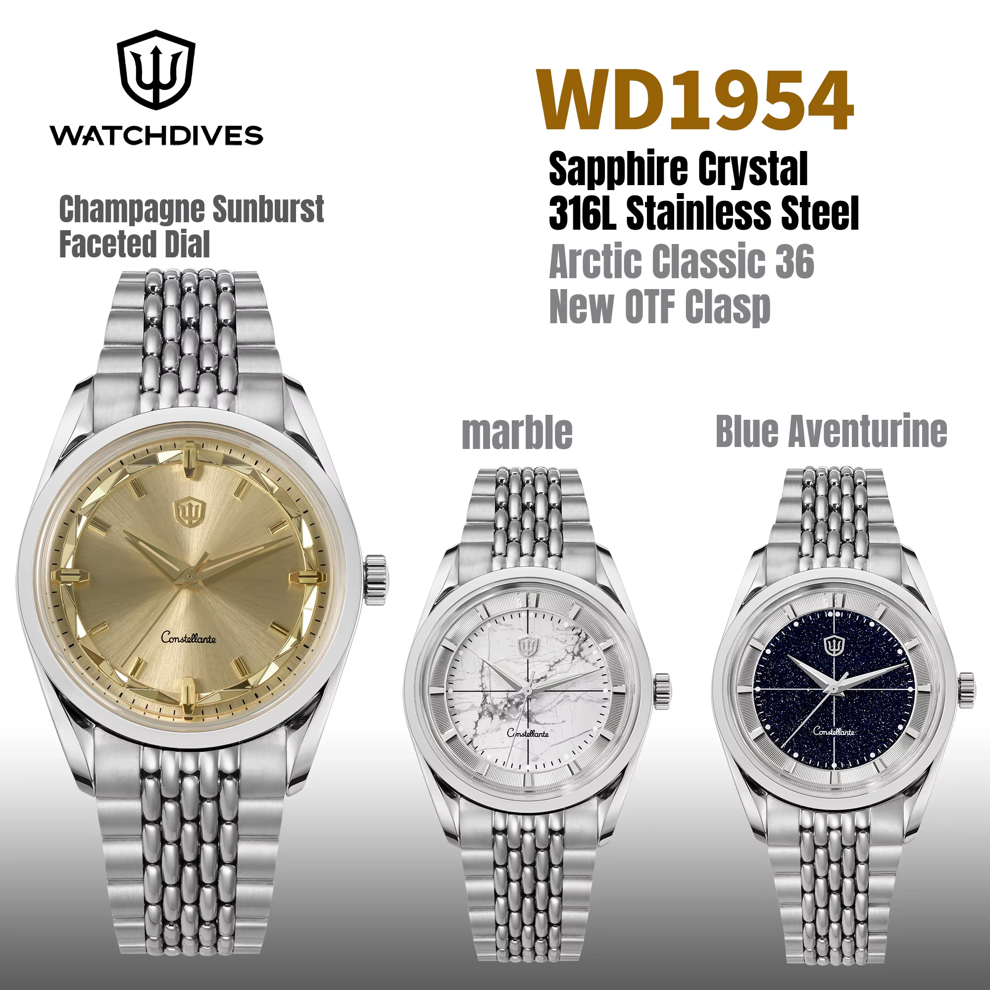 Watchdives WD1954 36mm CNC Case Quartz Watch VH31 Sweep Second Sapphire 100M Waterproof Luminous Stainless Steel Dive Watch