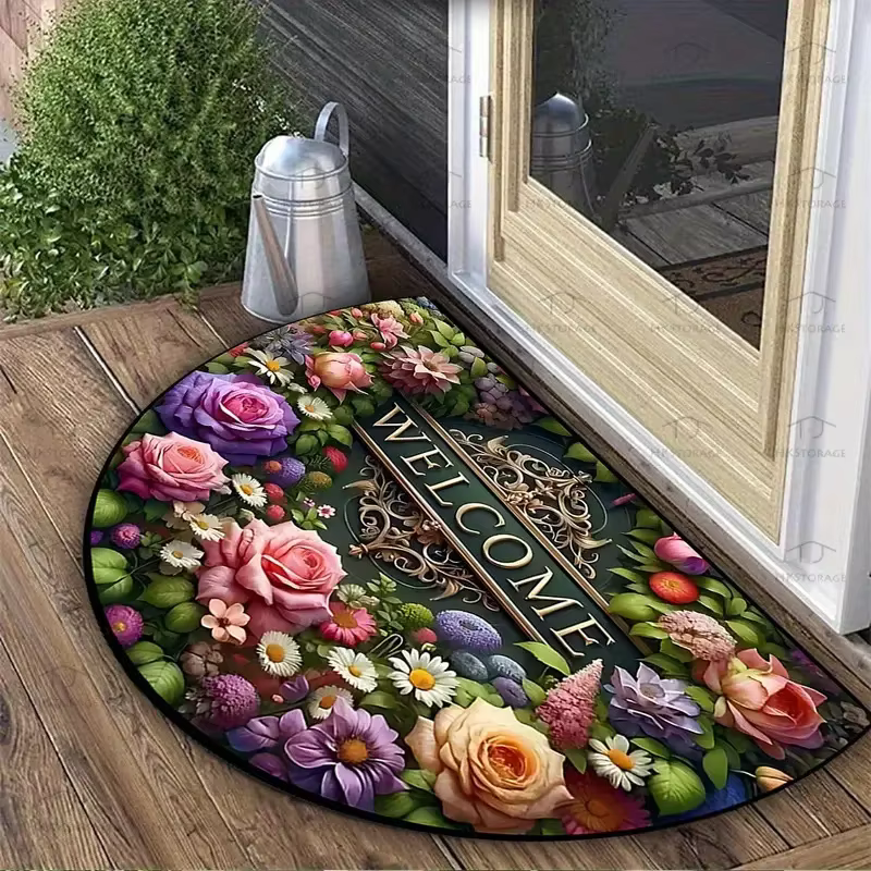 VIKAMA Semi-Circular Floral Flannel Carpet Soft Non-Slip Kitchen Carpet Indoor Outdoor Entrance Door Mat Home Decor