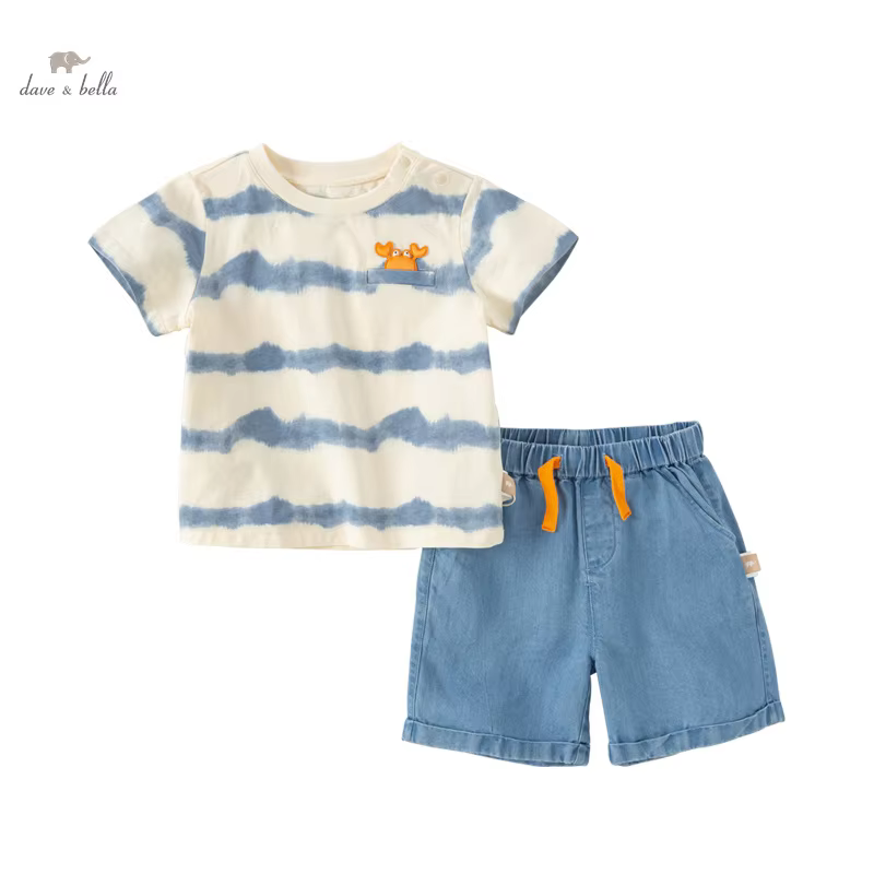 Dave Bella Boy's Suit 2024 New Summer Clothes Children Short-Sleeved T-shirt Shorts Baby Two-Piece Set Casual Seaside DB2240123